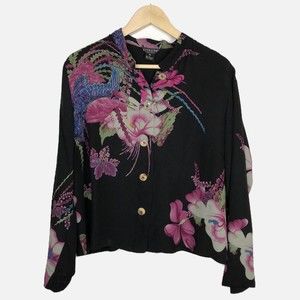 COPY - Citron Santa Monica Blouse XL 100% Silk Asian Floral Print Button Front …